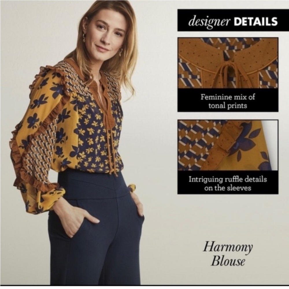 CAbi Harmony: Gold and Navy Mixed-Print Ruffle Blouse NWOT Sz S - Picture 9 of 9